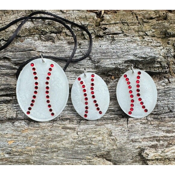 Cute Baseball Epoxy And Rhinestone Necklace Matching Earrings Oval Jewelry Set - Picture 2 of 6